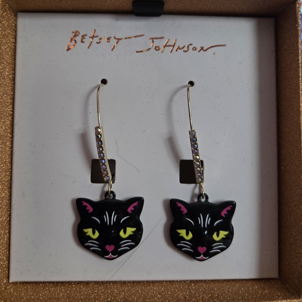 Betsey Johnson Black Cat With Crystals Wire Drop Earrings